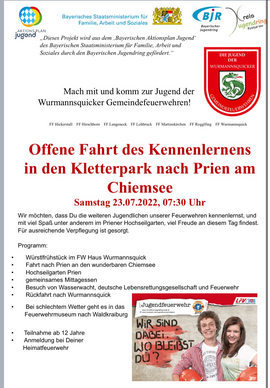 Banner Jugendfeuerwehr - Kennenlernfahrt nach Prien am Chiemsee
