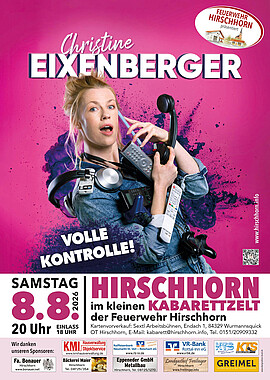 Banner Kartenvorverkauf für den Kabarettabend mit Christine Eixenberger und ihrem neuen Programm "Volle Kontrolle!"
