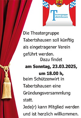 Banner Gründungsversammlung Theatergruppe Tabertshausen als eingetragener Verein